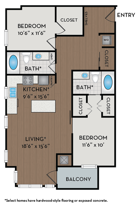 Floor plan for 2 beds, 2 baths, 1114 sqft